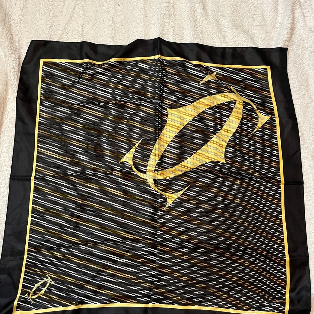 Cartier Double C Logo 100% Silk Black and Yellow Patterned Scarf
